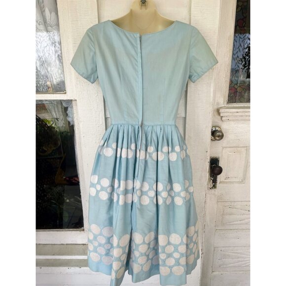 Vintage 1950s Betty Barclay Fit and Flare Dress Blue Embroidery Circles Sz Small - Picture 3 of 16